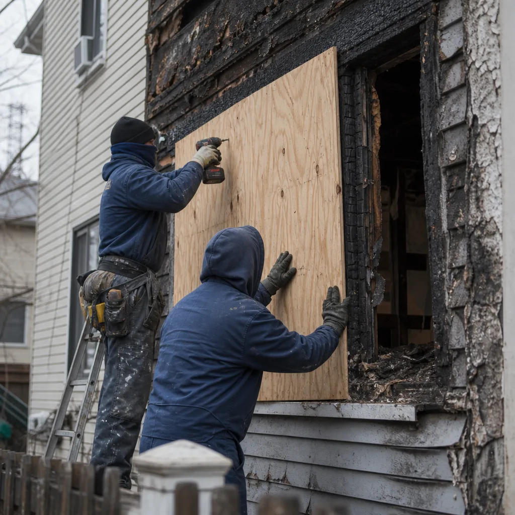 Two contractors boarding up a window on a fire damaged home
