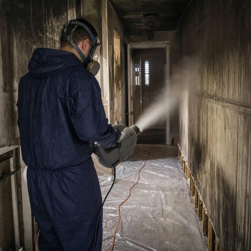 Professional performing fire and smoke damage restoration on charred walls