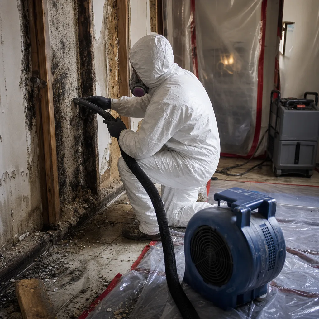 Professional in protective suit performing mold remediation with vacuum equipment