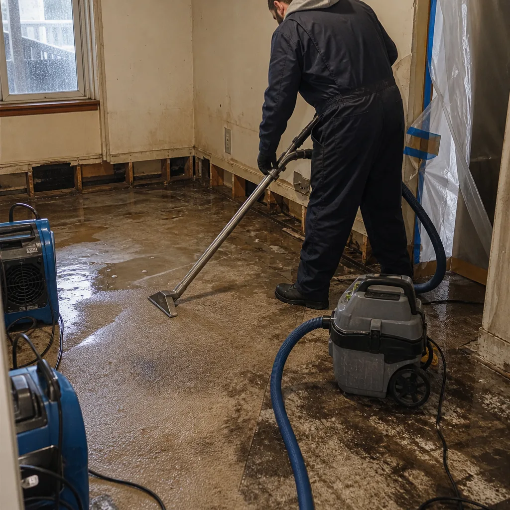 Professional technician extracting standing water from a damaged residential floor