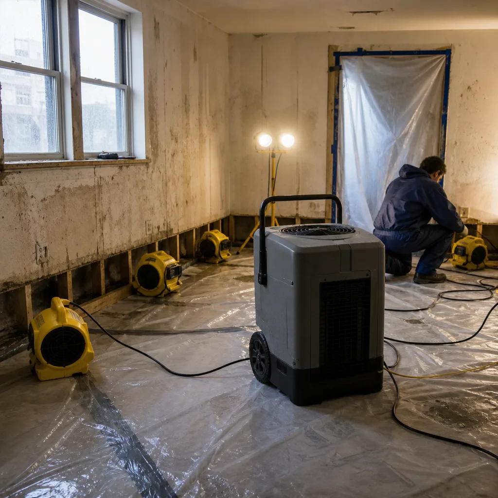 Water damage restoration professional using industrial dehumidifiers and air movers