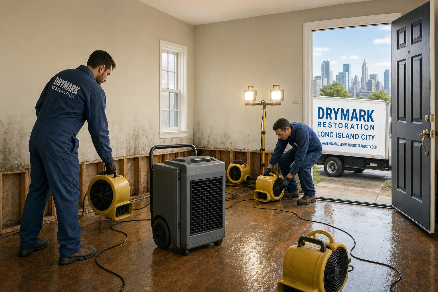 DryMark Restoration Long Island City damage restoration service vehicle and crew in Long Island City, NY